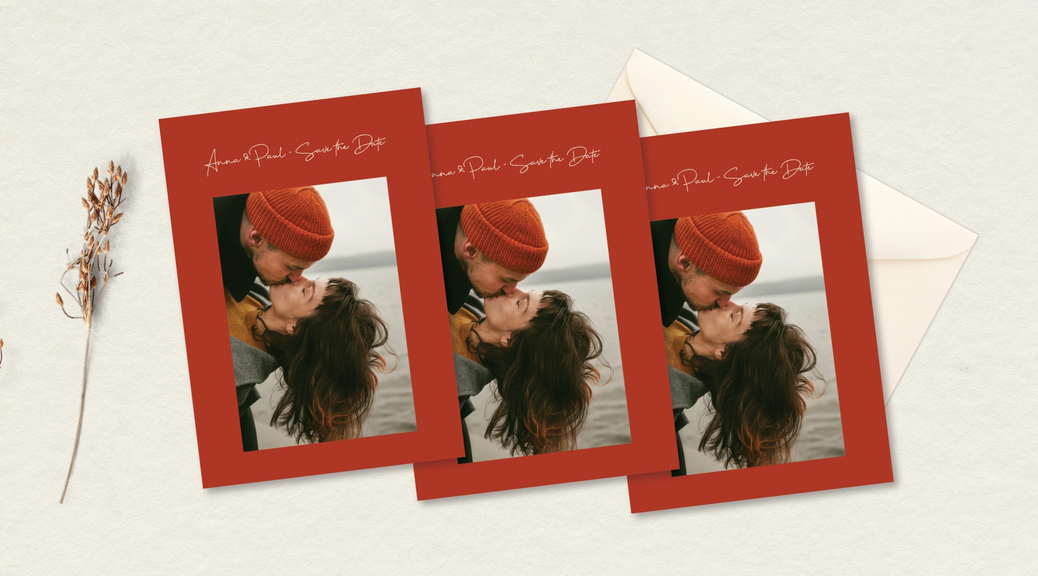 Three cards all the same in red colours and featuring a couple kissing