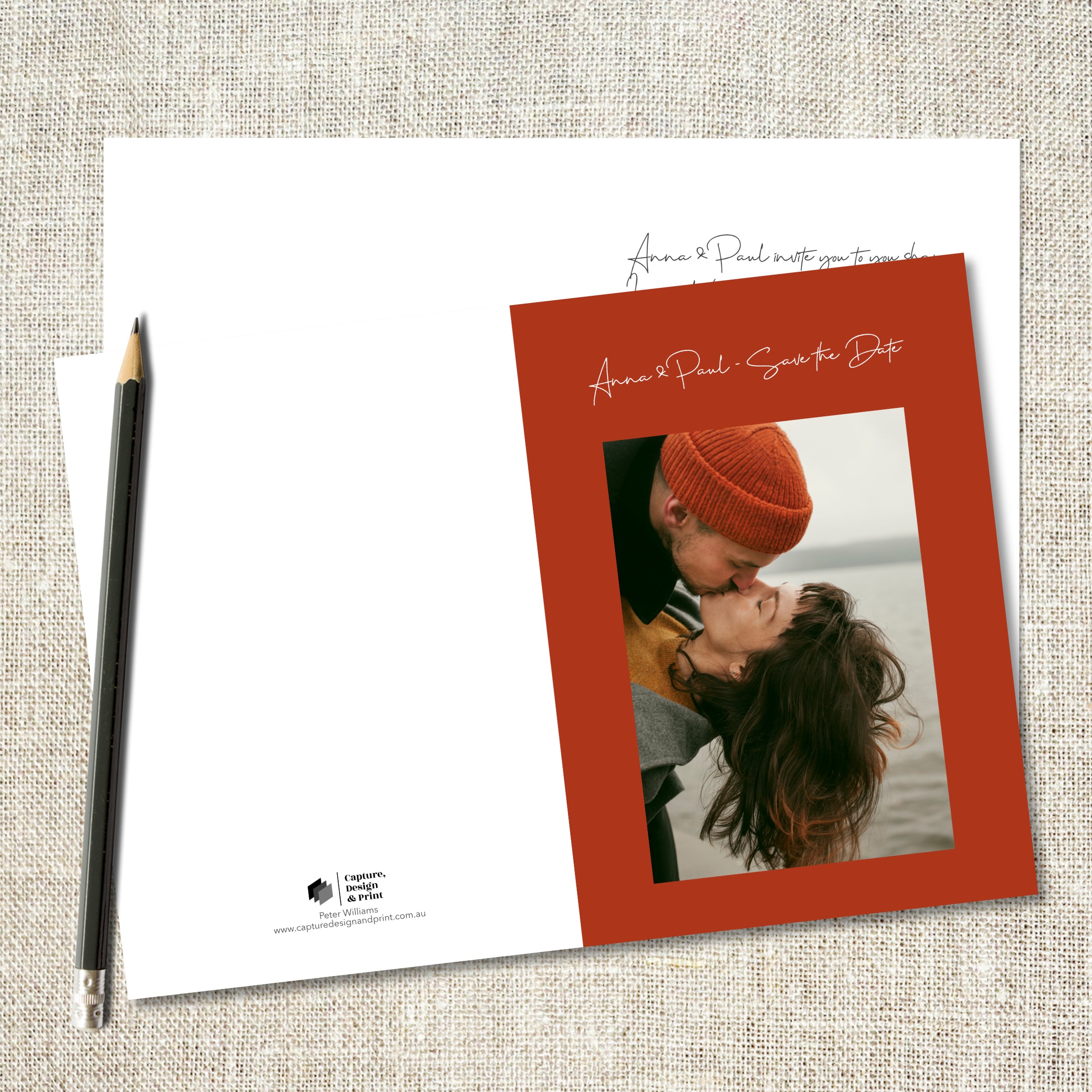 A greeting card featuring the full outside spread with a happy young couple and sneak view of inside spread with greeting