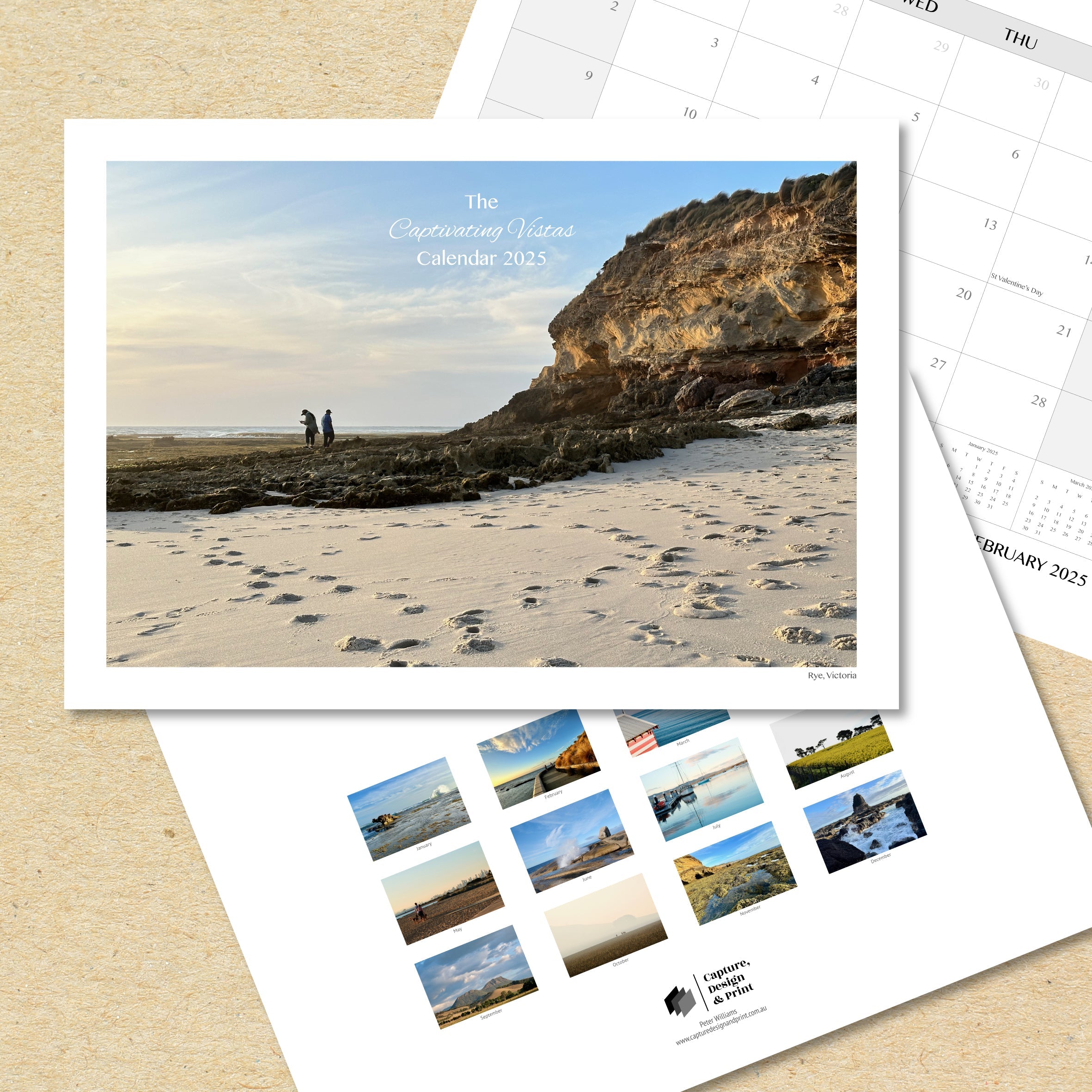 Two images from a Wall Calendar, one featuring the front cover and the other, the back cover featuring thumbnails