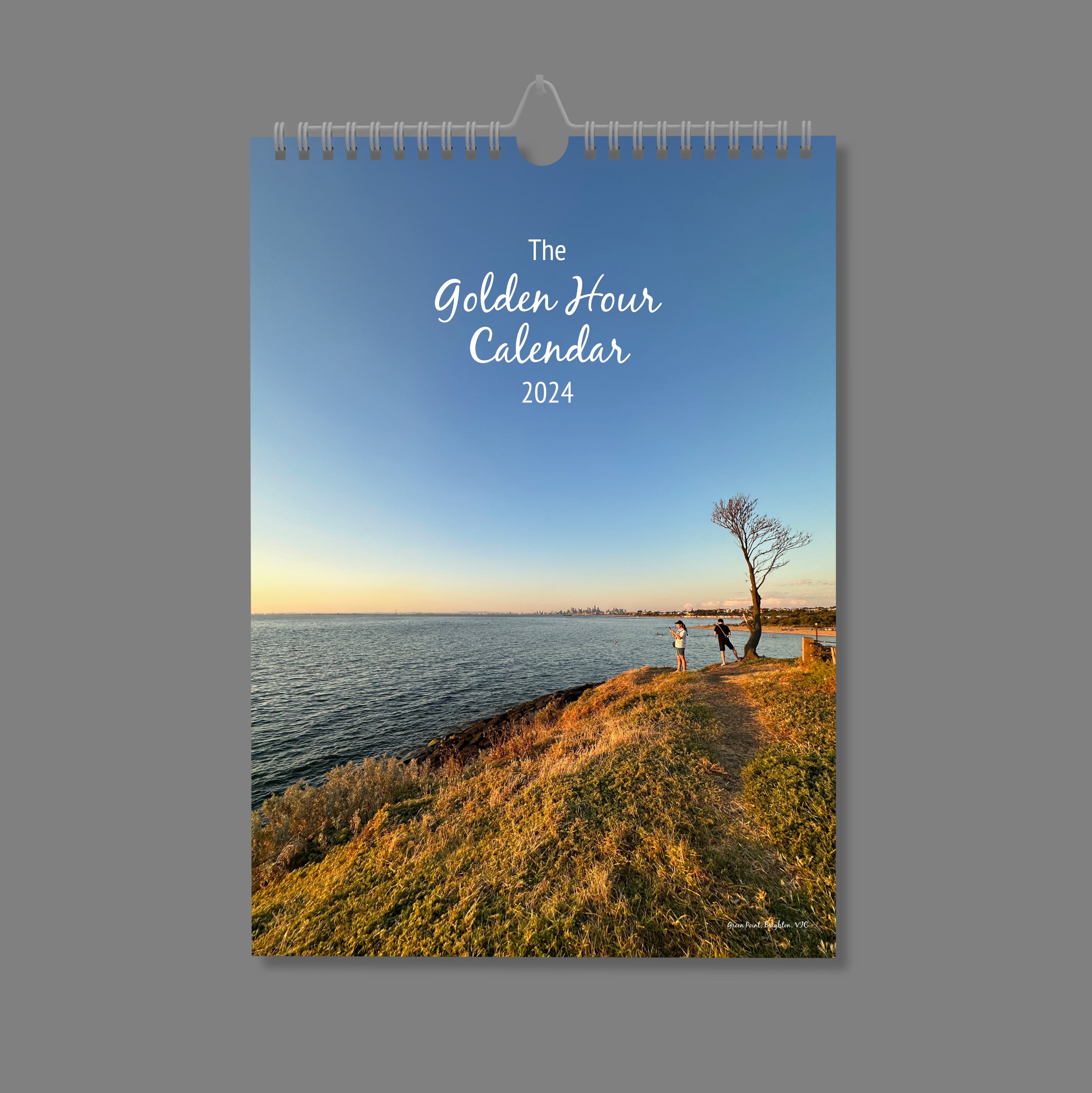 A4 Wall Calendar: Golden Hour featuring a couple on the top of a hill overlooking the bay at sunset