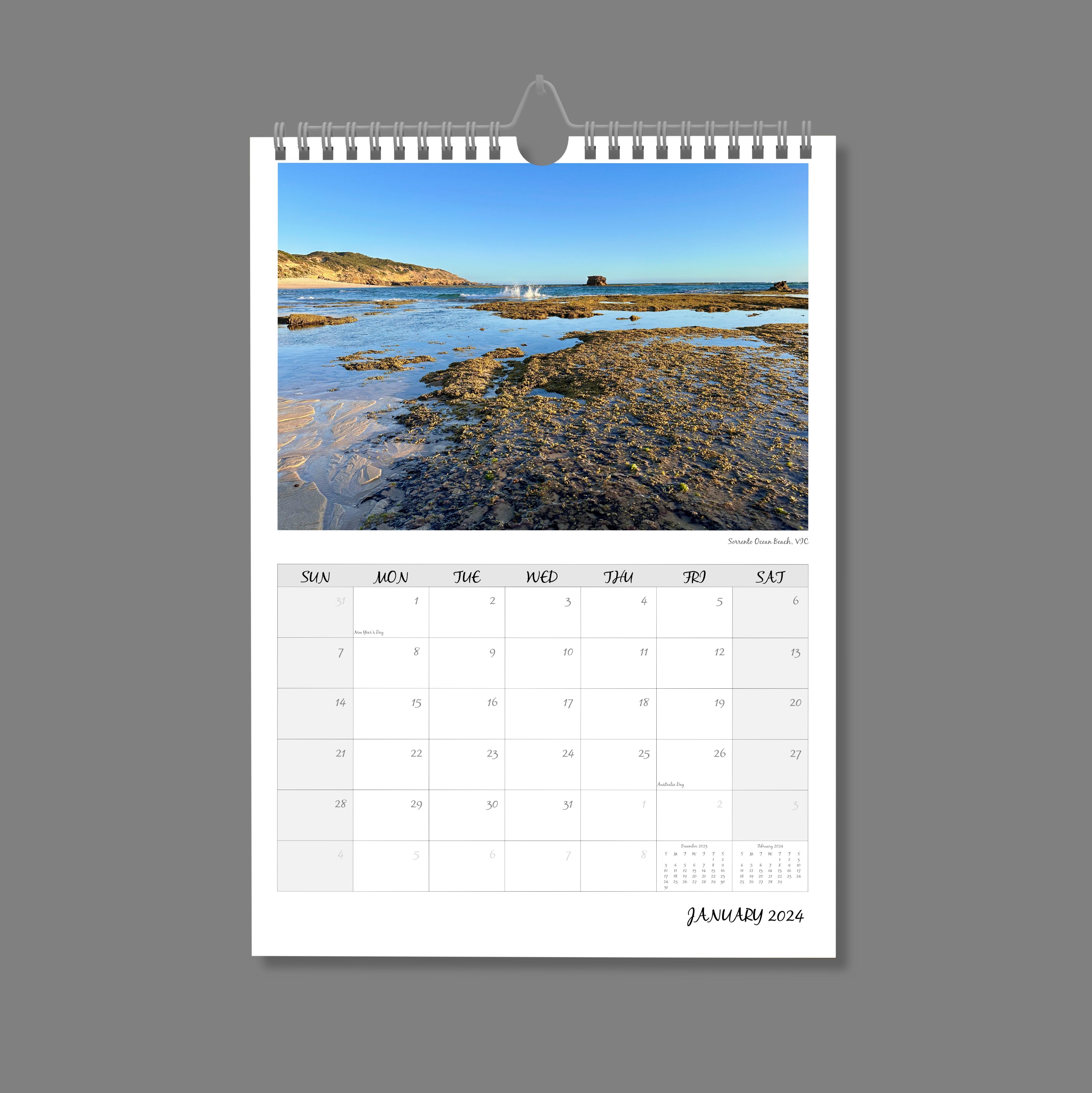 A4 Wall Calendar: Golden Hour featuring the exposed reef in the ocean foreshore at low tide and dusk