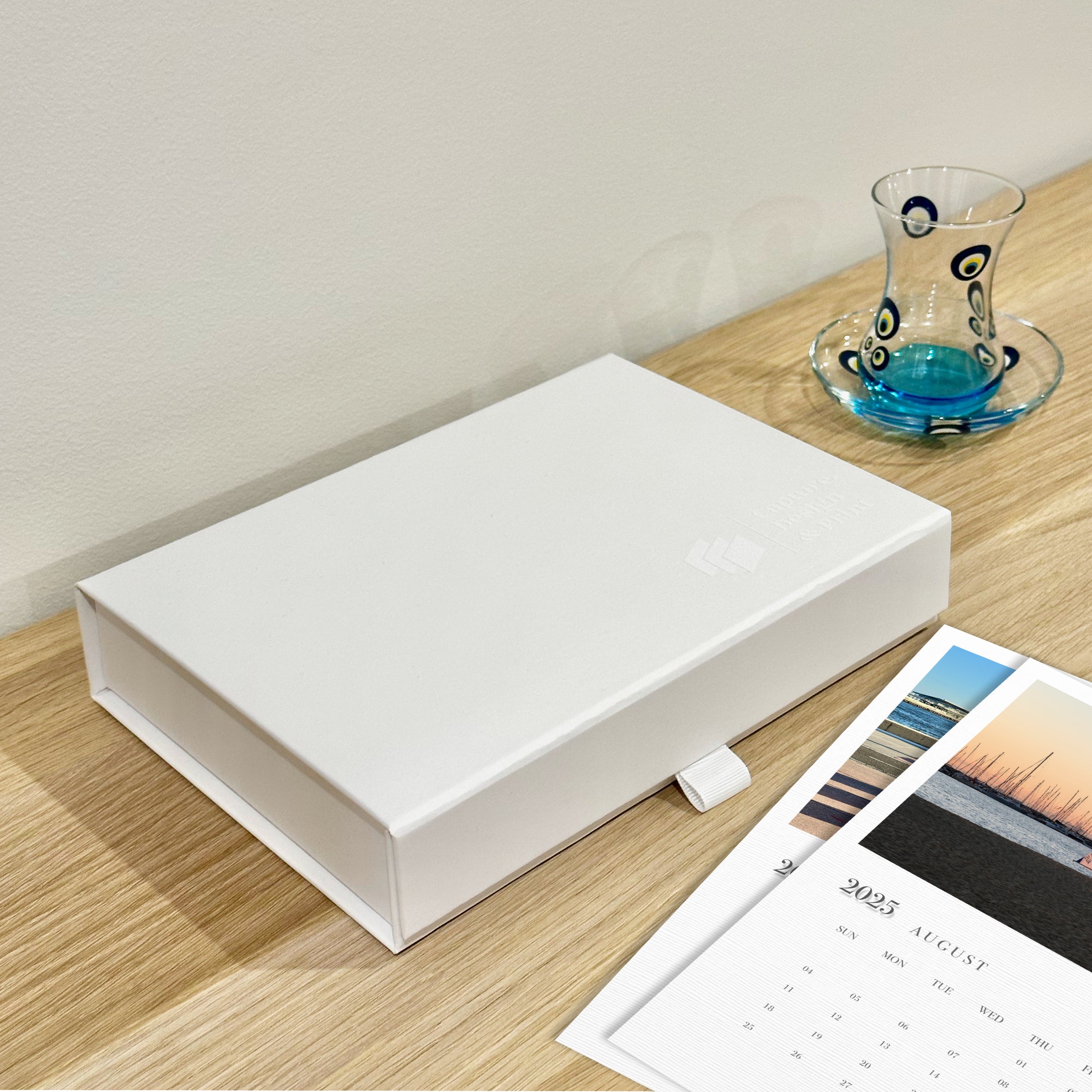 A5 Cards Calendar Gift Box with lid closed on display on sideboard