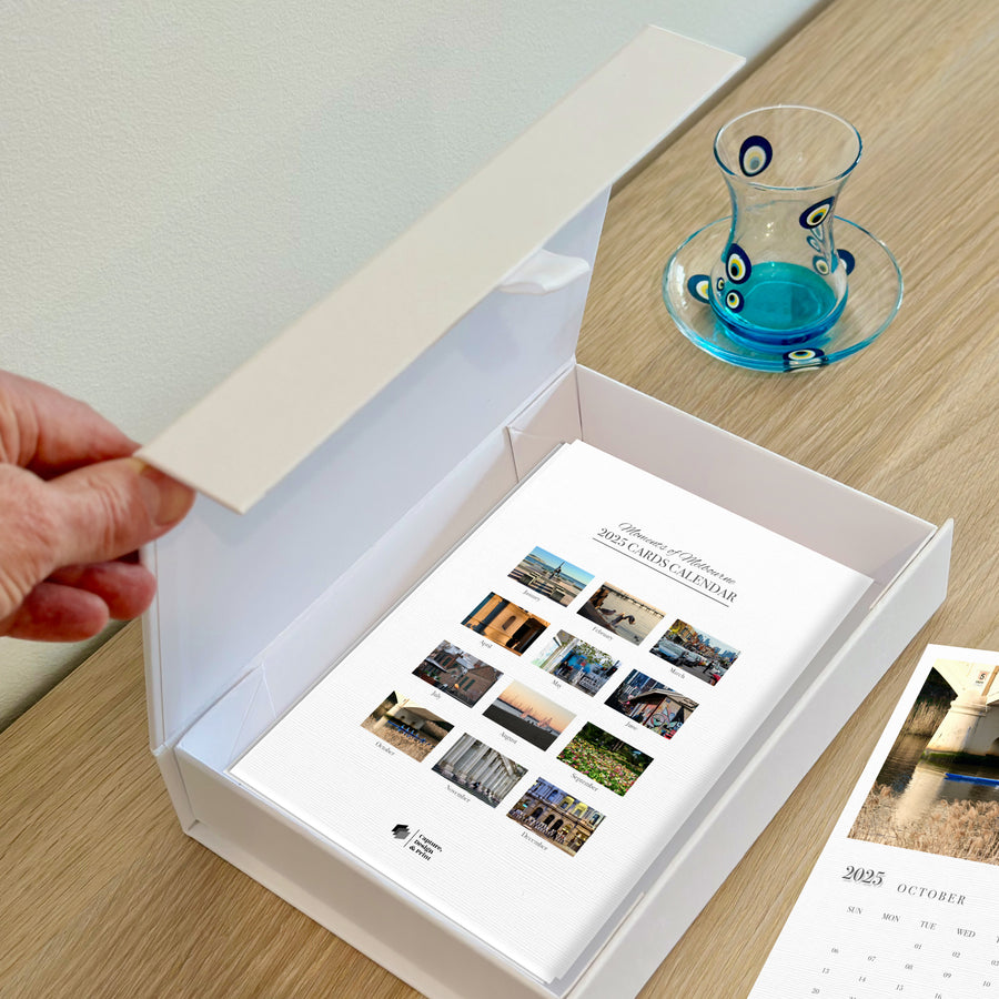 A5 Cards Calendar Gift Box with lid open on display on sideboard