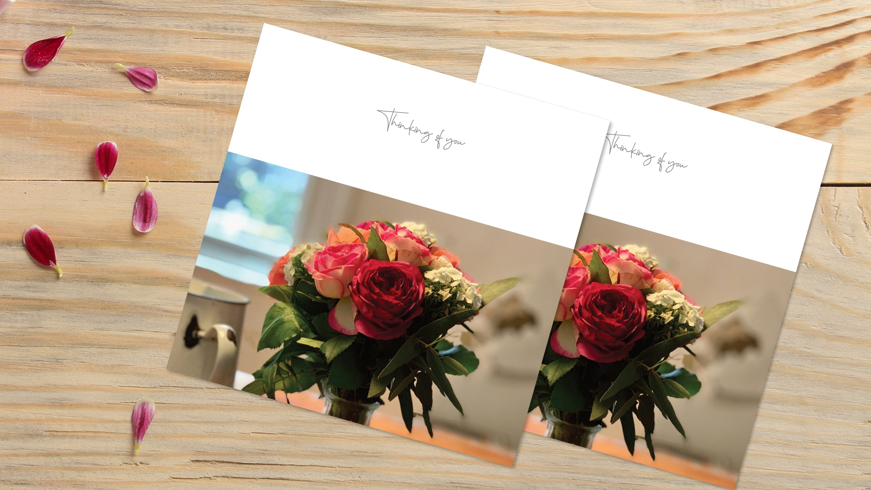 Banner image displaying two greeting cards of a vase of pretty flowers