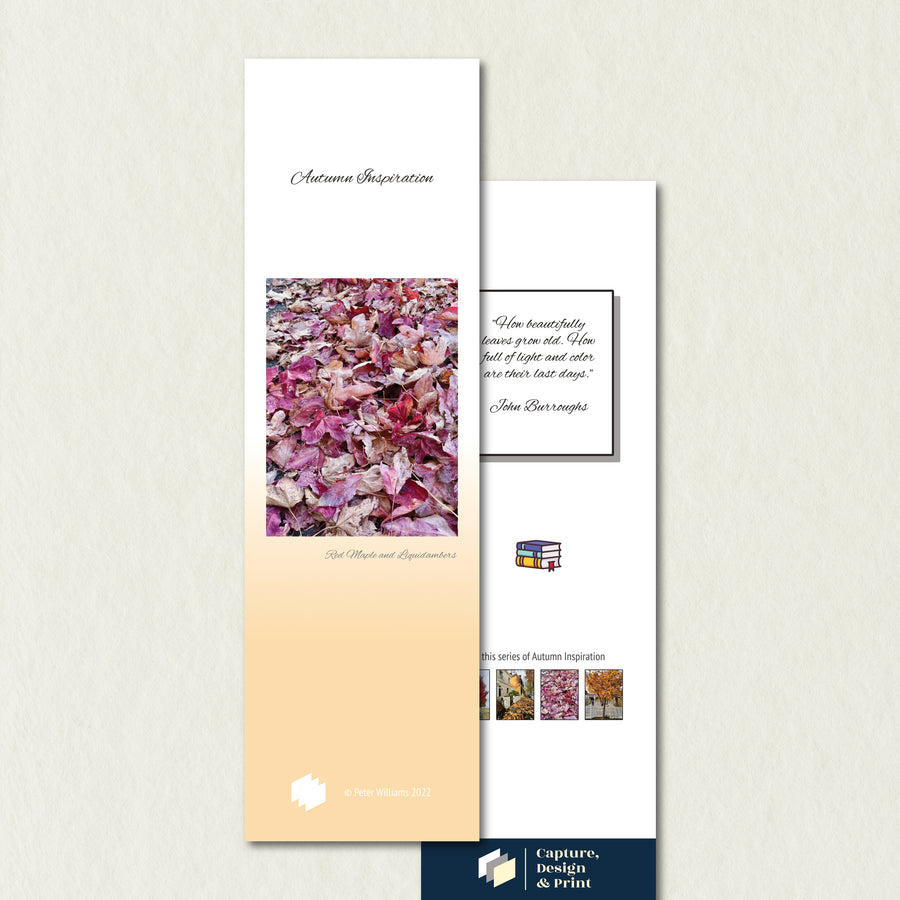 Autumn Paper Bookmark: Hues of Pink and Purple, featuring a carpet of Red Maple and Liquidamber leaves clumped together