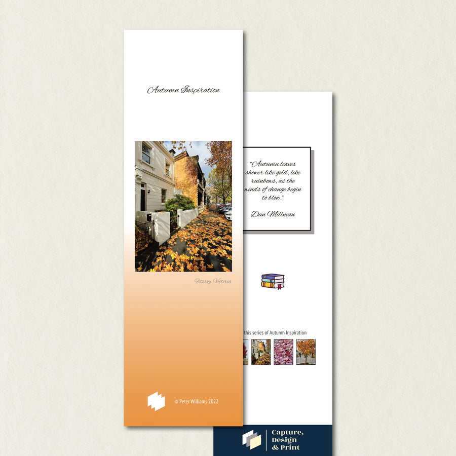 Autumn Paper Bookmark: Fallen Leaves of Gold, a bookmark featuring gold and brown leaves against the dark of the pavement