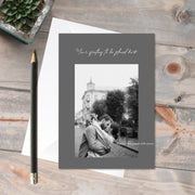 Customised Card: Artistic - a card featuring a happy couple embracing on cobblestone road in a black & white theme and generic greeting