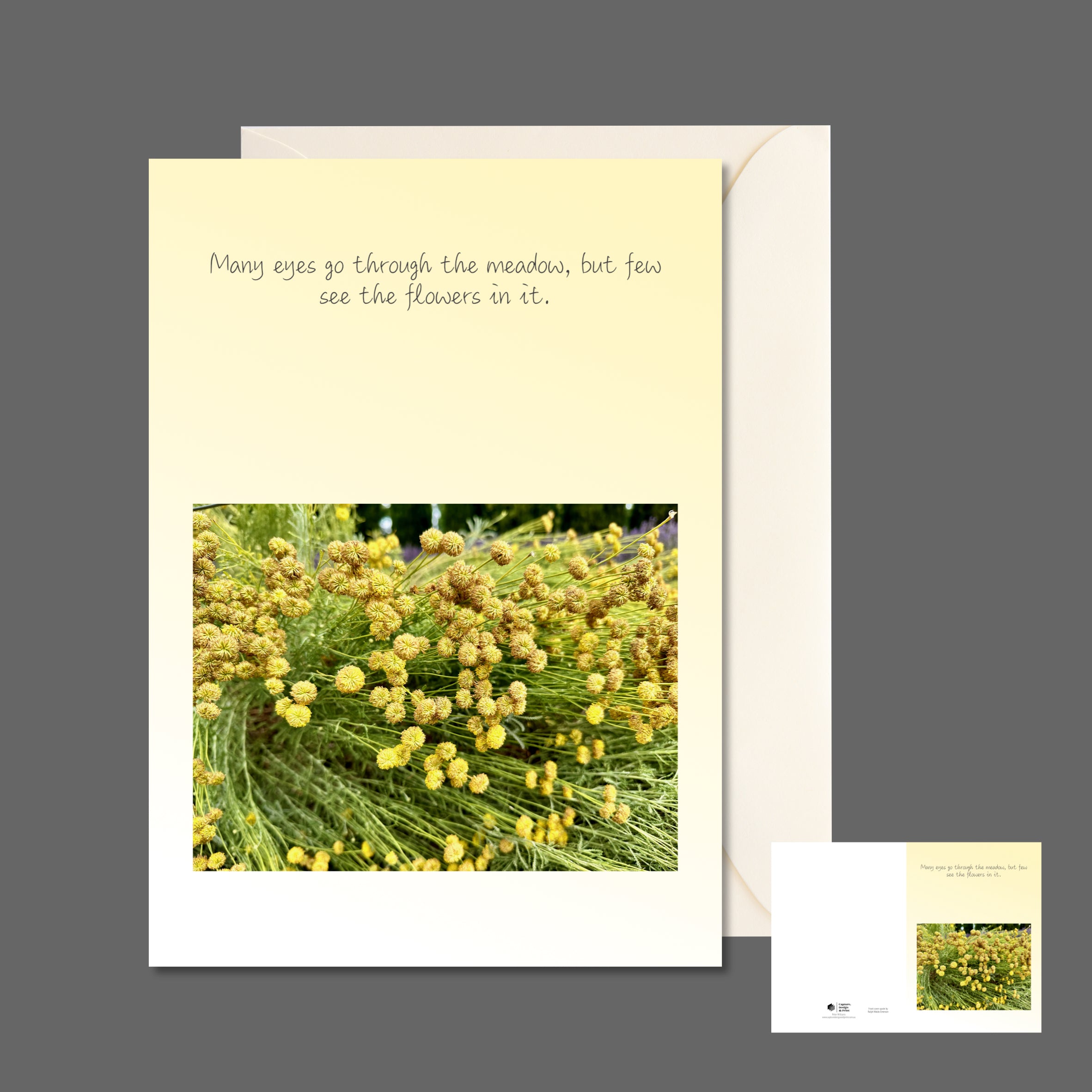 A6 greeting card featuring a bunch of graceful golden flowers in a main front side view and also a full spread view