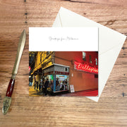 Greeting Card Melbourne: Classic Café, a small square greeting featuring the famous espresso bar / café at night