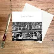 Greeting Card Melbourne: Trams, a compact square card featuring the famous Melbourne trams in artistic B&W