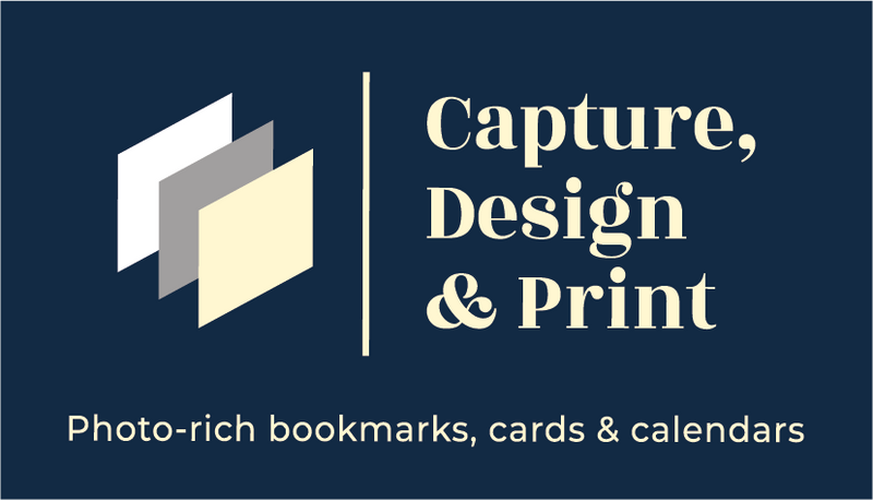 Logo for Capture, Design & Print with tag of Photo-rich bookmarks, cards & calendars