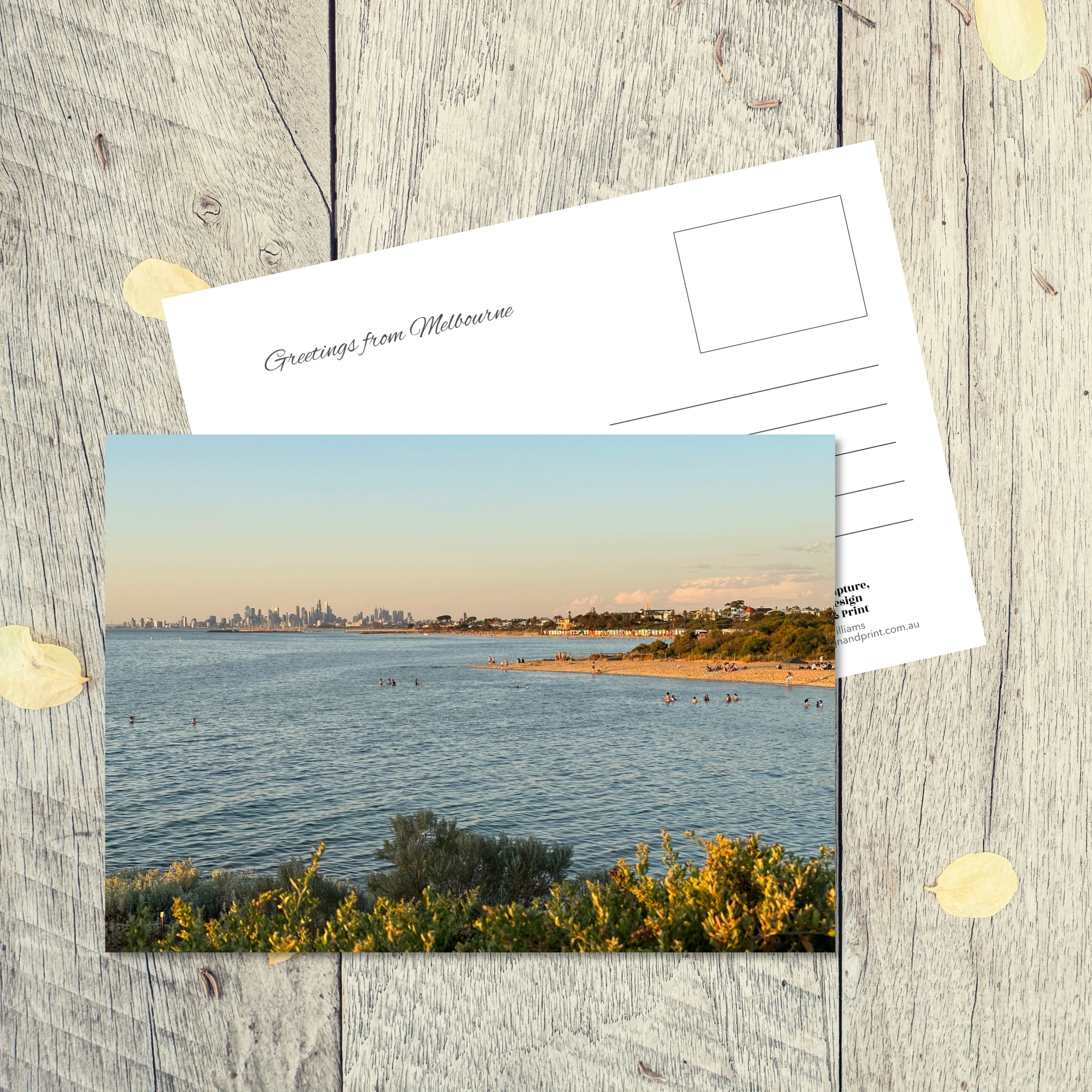 Postcard from Melbourne: Bay Views, a landscape postcard featuring sweeping views of the bay from Brighton to Melbourne skyline.