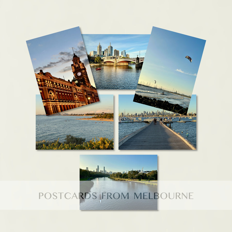 Postcards from Melbourne - the full collection of six cards displayed all featuring scenes of the bay, the river or the city