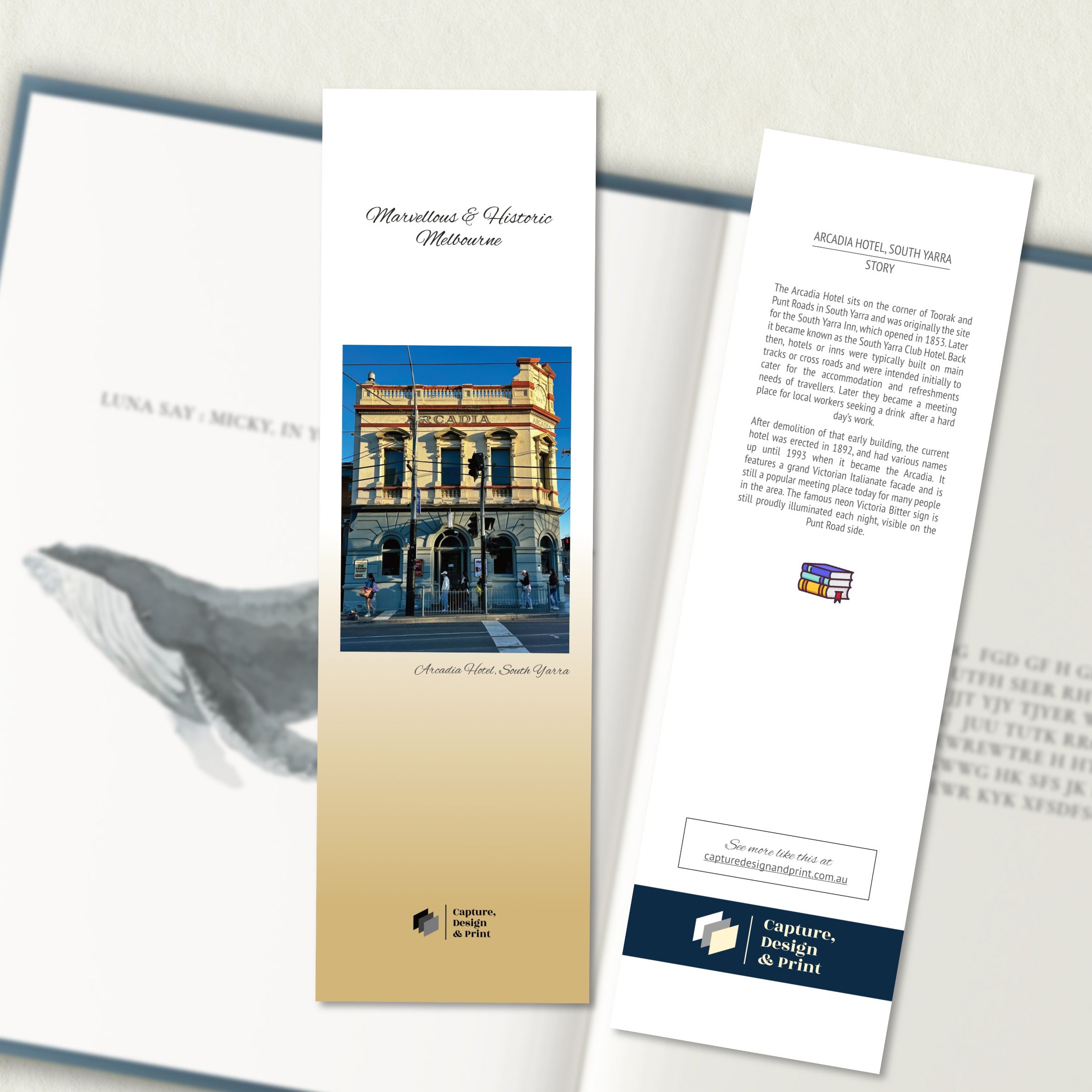 A two sided 200 x 60 bookmark in colour displayed inside a book, featuring an old 1850s hotel sunlit and standing proudly