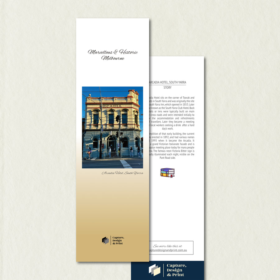 Premium Bookmark: Arcadia Hotel featuring an old 1850s hotel sunlit and standing proudly on a corner intersection