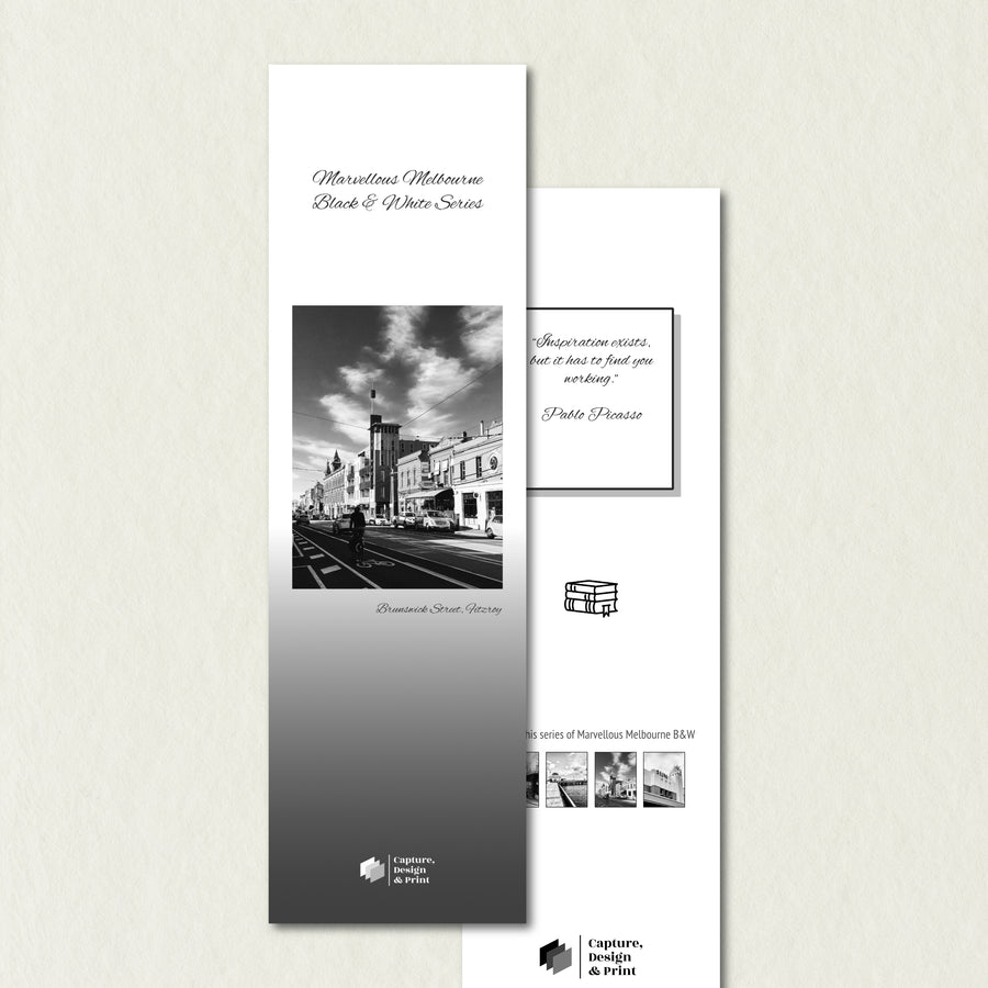 Premium Bookmark: Brunswick Street,  features an urban street in classic black & white with grey background variant