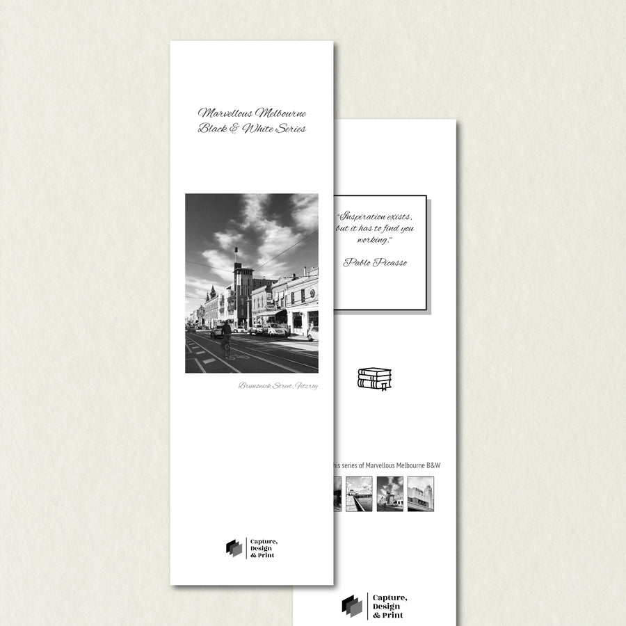 Premium Bookmark: Brunswick Street,  features an urban street in classic black & white with white background variant