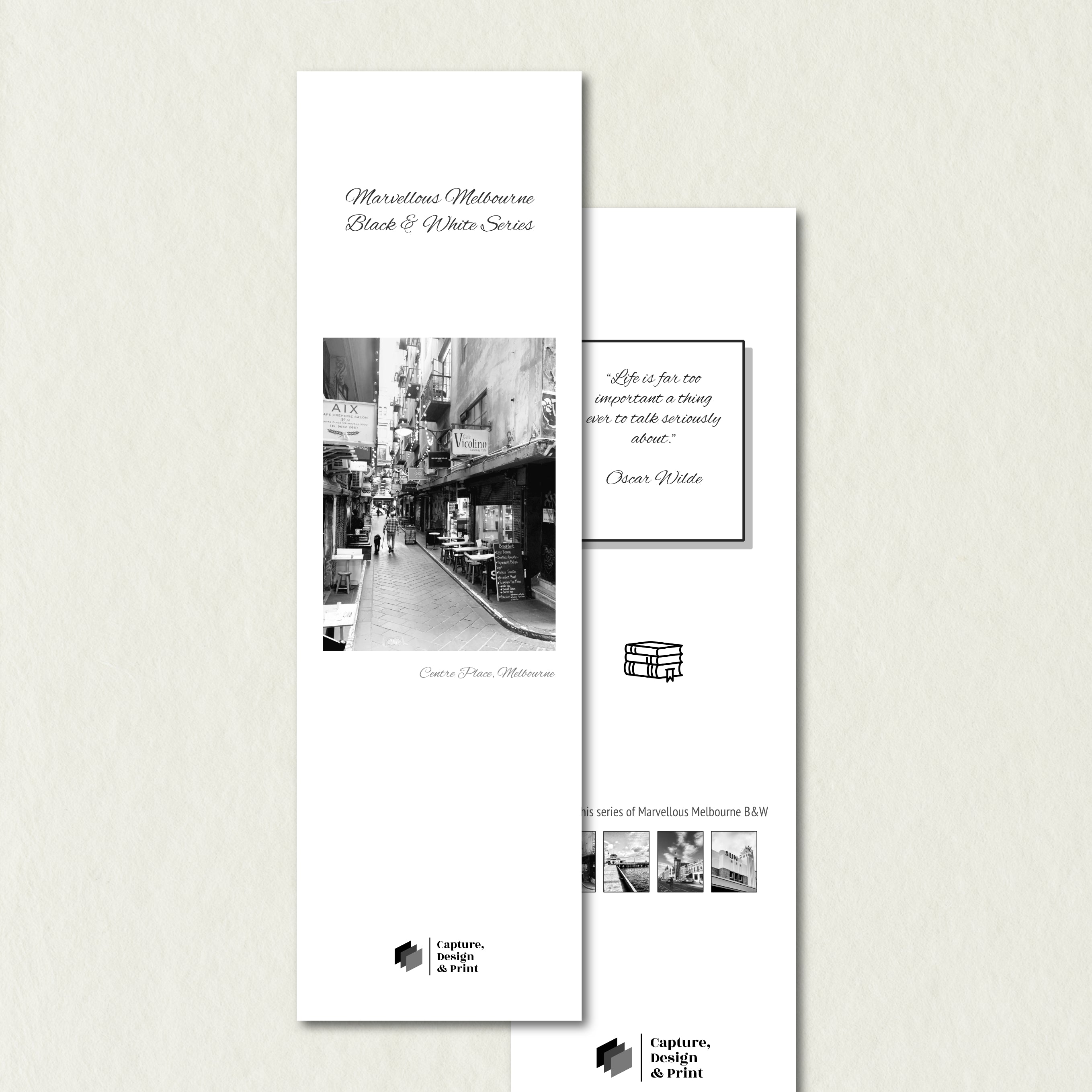 Premium Bookmark: Centre Place, featuring a Euro style laneway with man and dog in classic black & white with white background variant