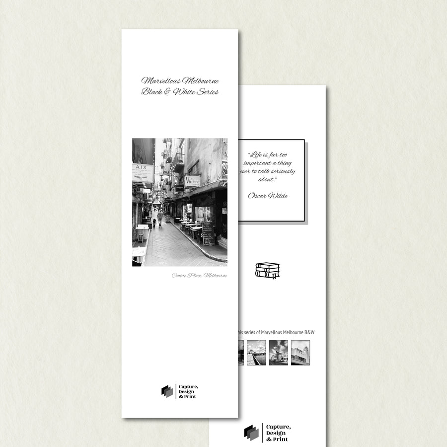 Premium Bookmark: Centre Place, featuring a Euro style laneway with man and dog in classic black & white with white background variant