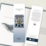 A two sided 200 x 60 bookmark in colour displayed inside a book, featuring a fine Victorian style building in grey-blue