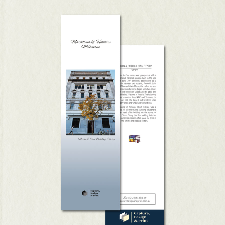 Premium Bookmark: Moran & Cato Building featuring a fine Victorian style building in grey-blue with a jogger passing by