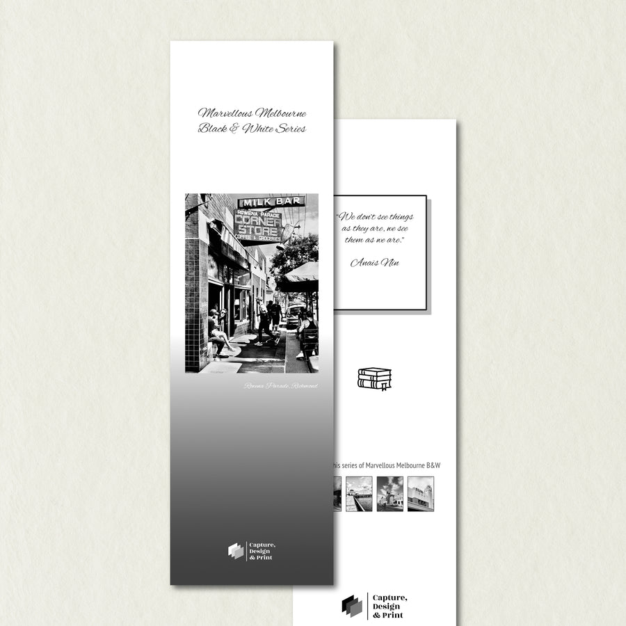 Premium Bookmark: Rowena Parade, featuring a street view of a busy milk bar café in classic B&W with grey background variant