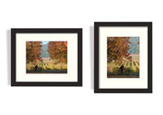 Two finalised picture frames side by side with two different perspectives of the rider and autumn foliage scene