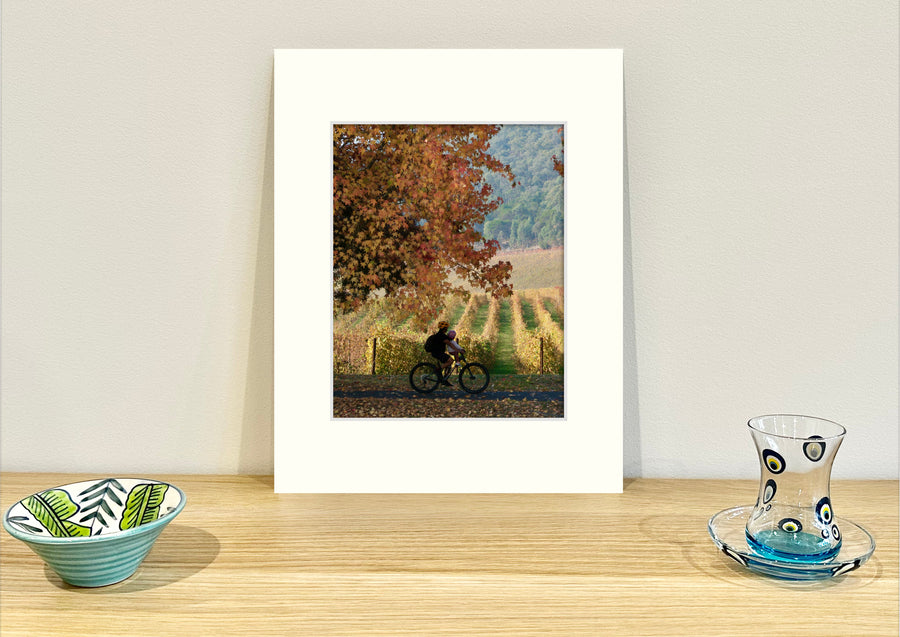 Frame mount containing a colour print of a rider surrounded by autumn beauty sitting upright on sideboard