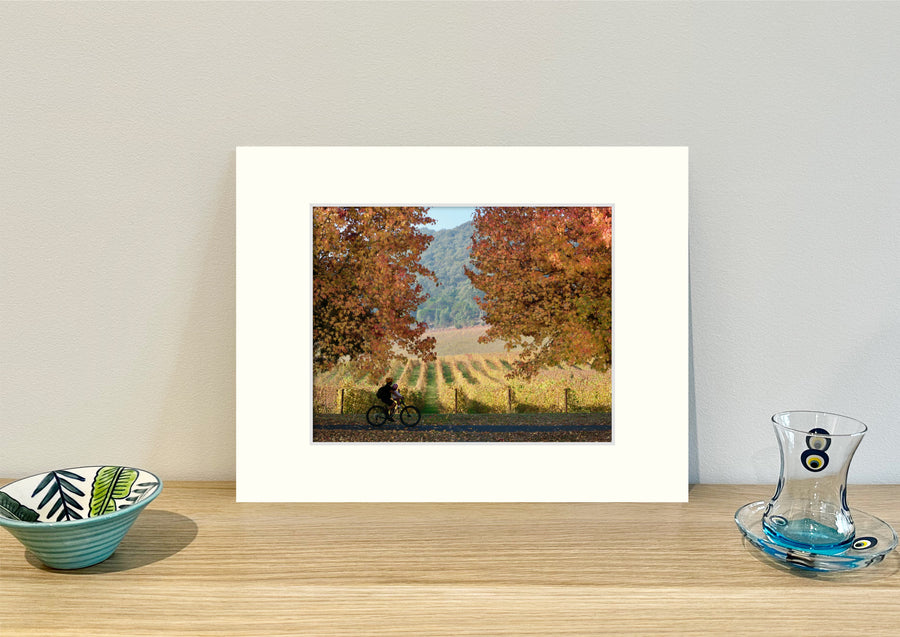 Frame mount containing a colour print of a rider surrounded by autumn foliage and vines sitting upright on sideboard