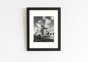 Frame mount with B&W print of Brunswick St, Fitzroy in finalised picture frame hanging on wall