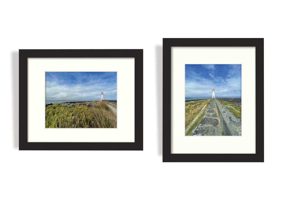 Two finalised picture frames side by side with two different perspectives of the lighthouse