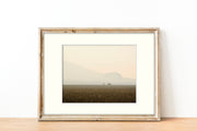 Frame mount with print of 3 sheep far away in a pasture with a smoke haze in finalised picture frame sitting on sideboard 