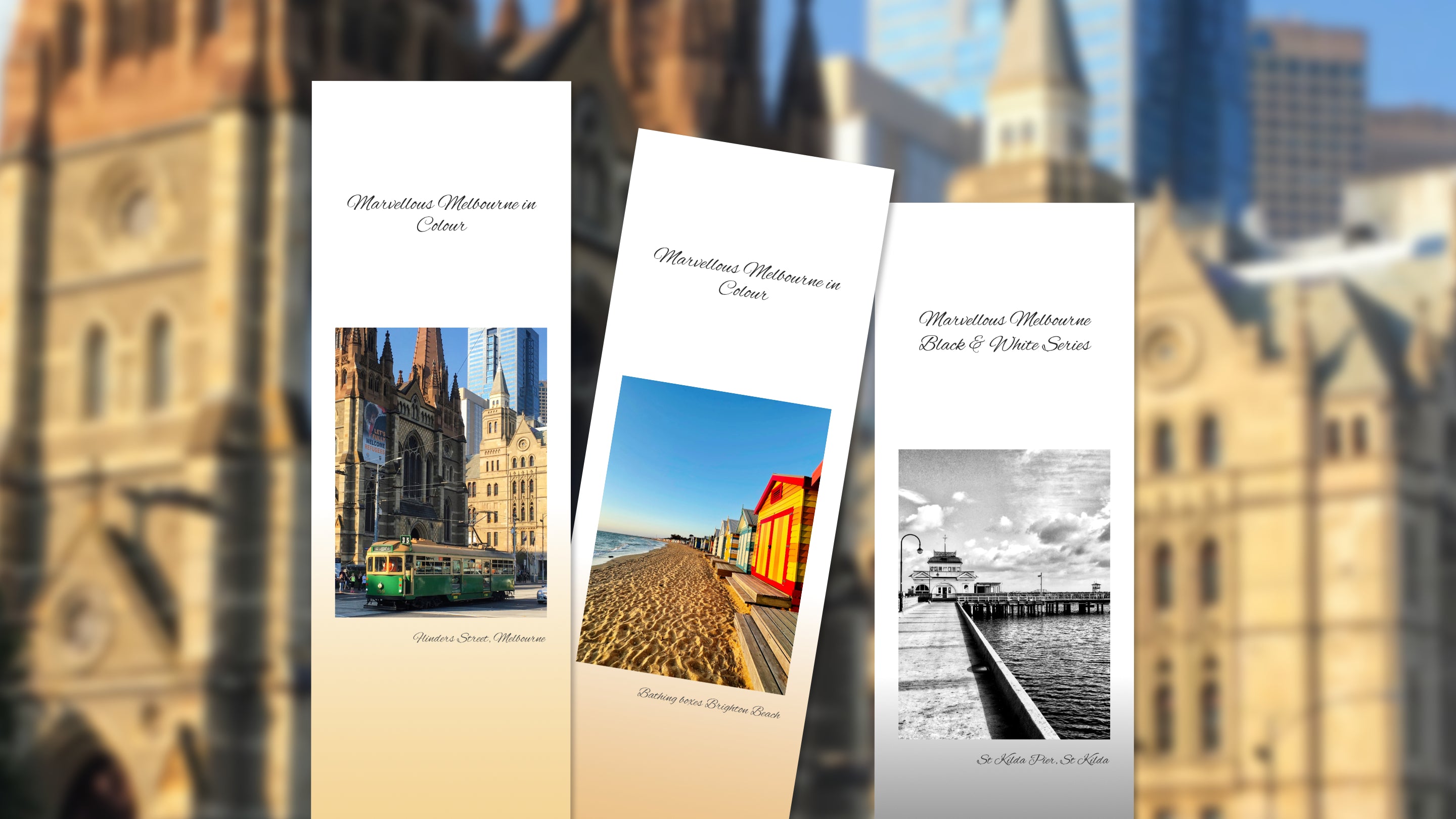 Three bookmarks, each with a scene from Melbourne against a blurred background image