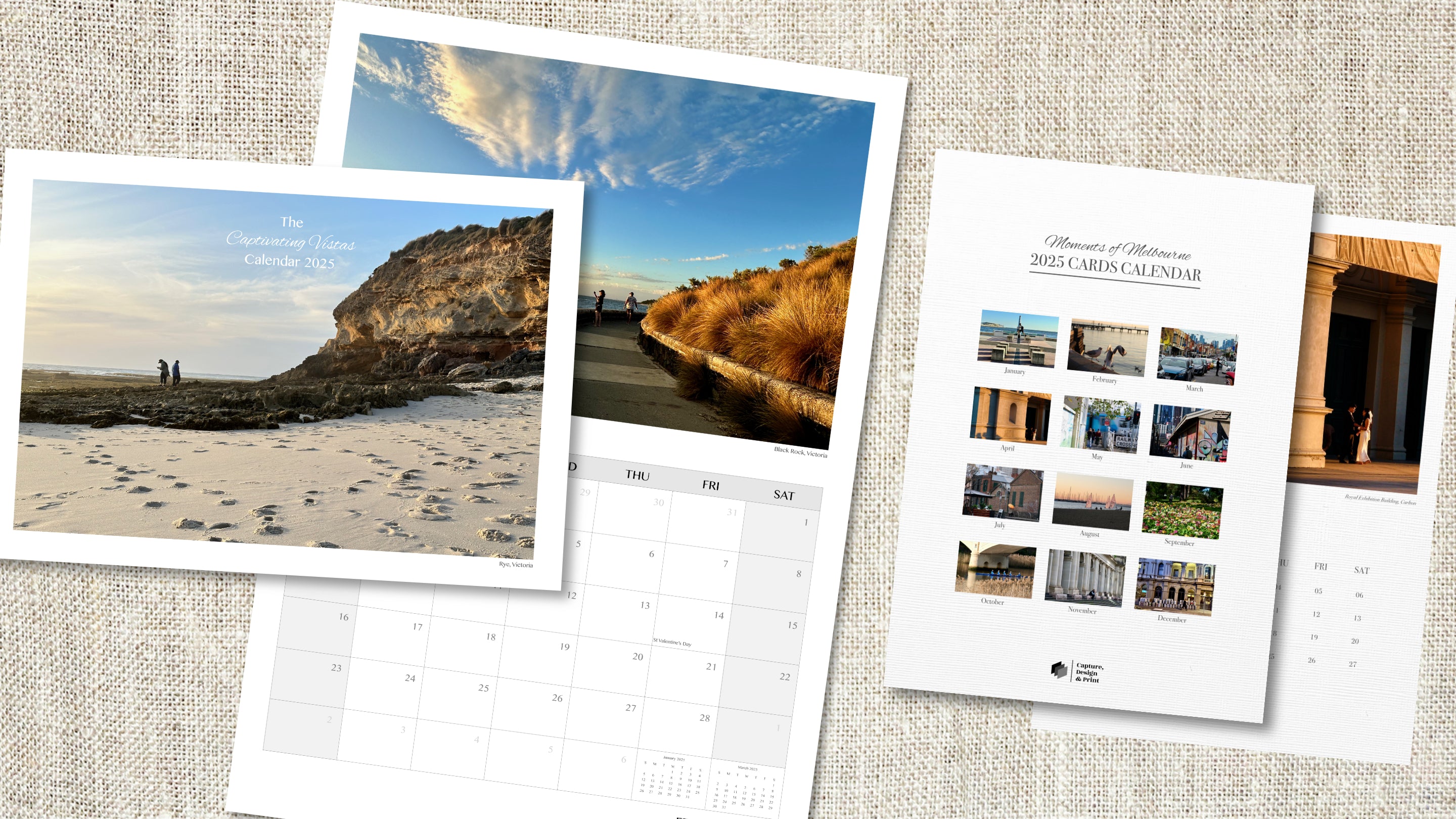 Sample images of colourful pages from A3 and A5 calendars