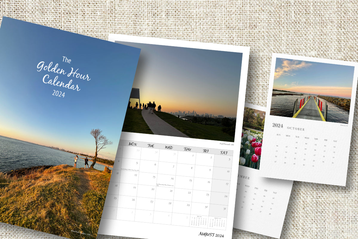 Sample images of colourful covers and pages from A4 and A5 calendars