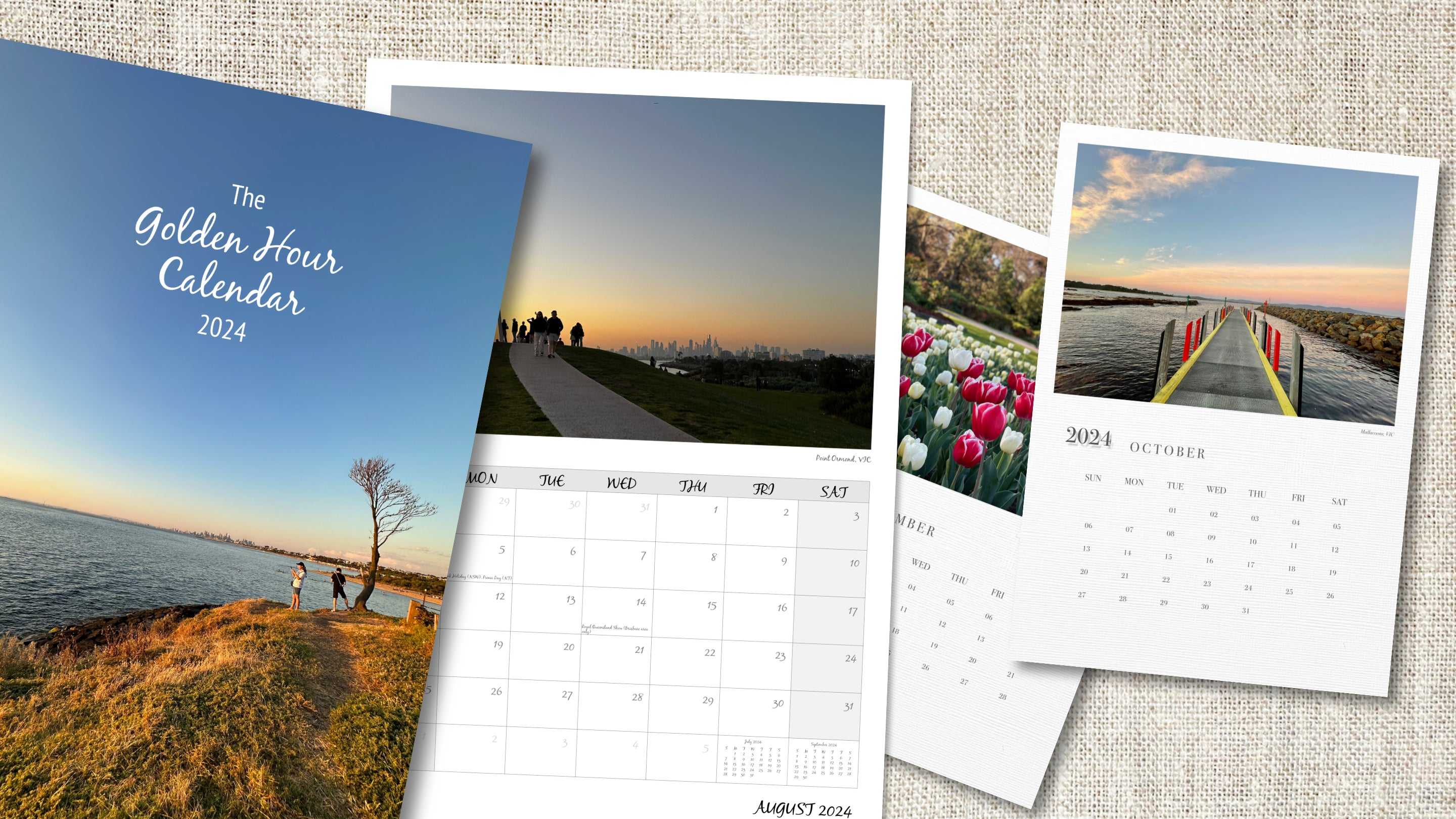 Sample images of colourful pages from A4 and A5 calendars